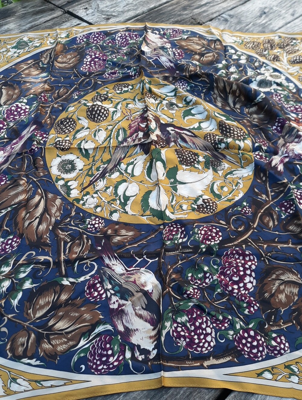 PERRY ELLIS Vintage Silk Scarf Birds Bramble Blackberry Mustard Navy Japan 34x35